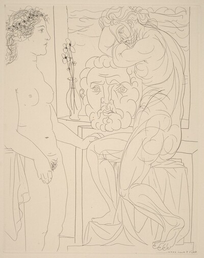 An Unattractive Woman Before the Sculpture of an Athletic Marie-Thérèse Leaning on a Self-Portrait of the Sculptor (Femme laide devant la sculpture d'une Marie-Thérèse athlétique sur un autoportrait du sculpteur)