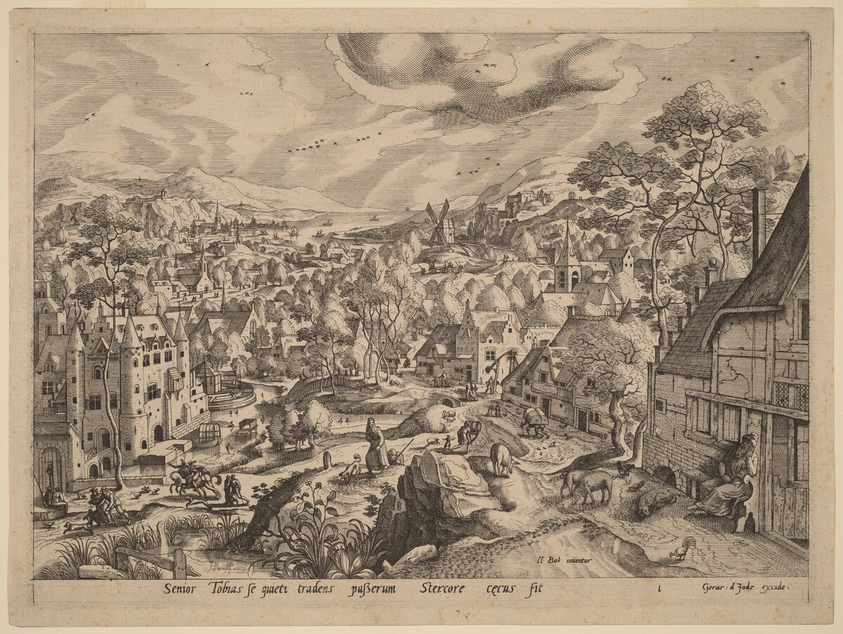 Bird Dropping Blinding Tobit by Johannes van Doetechum the Elder and Lucas van Doetechum, after Hans Bol