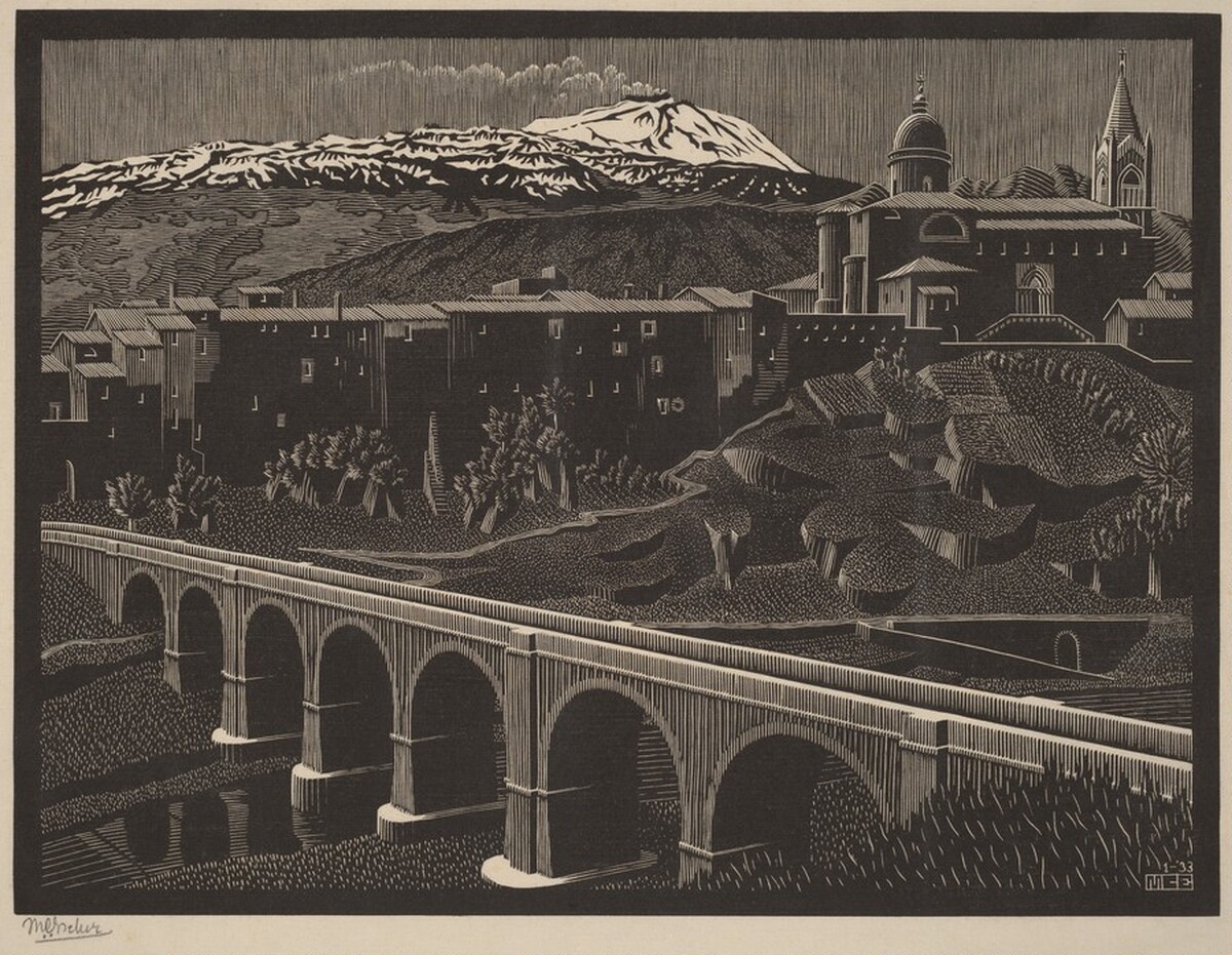 Randazzo and Mount Etna, Sicily by M.C. Escher