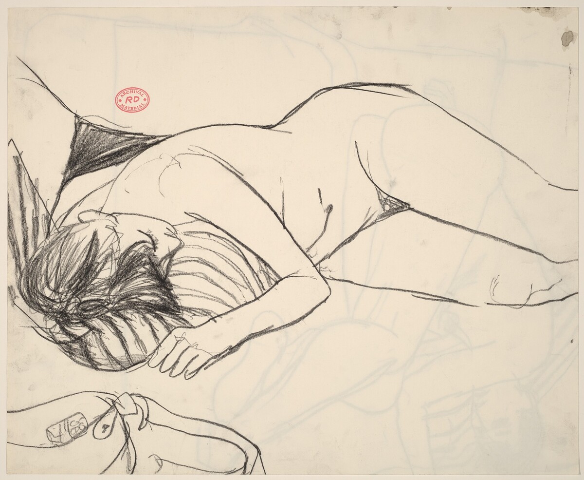 Untitled [female nude resting on a striped pillow] [recto] by Richard Diebenkorn