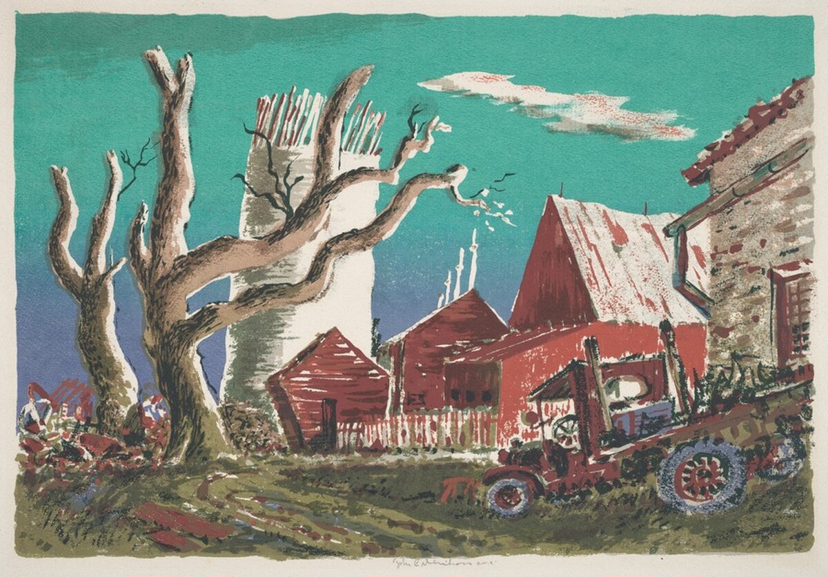 Red Barn with Flatbed Truck by John Conway Menihan