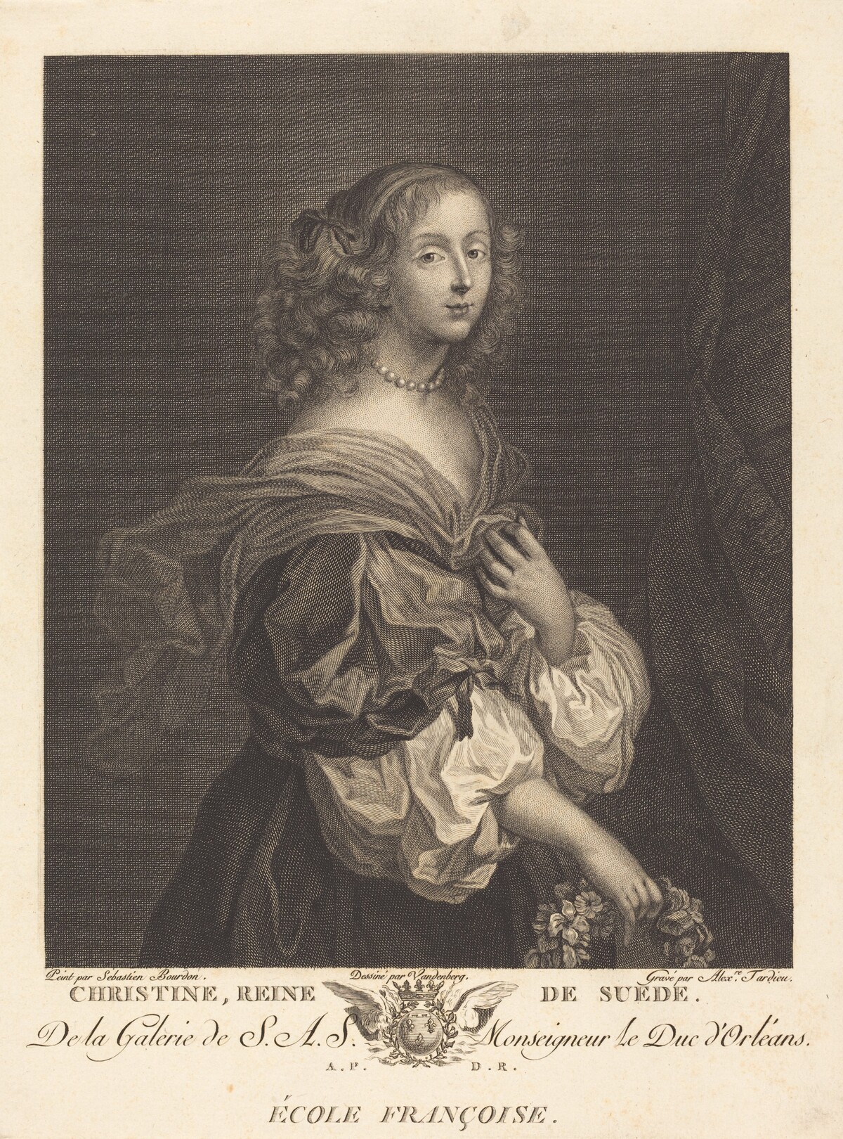 Queen Christina of Sweden by Alexandre Tardieu after Sébastien Bourdon after Charles Auguste van den Berghe