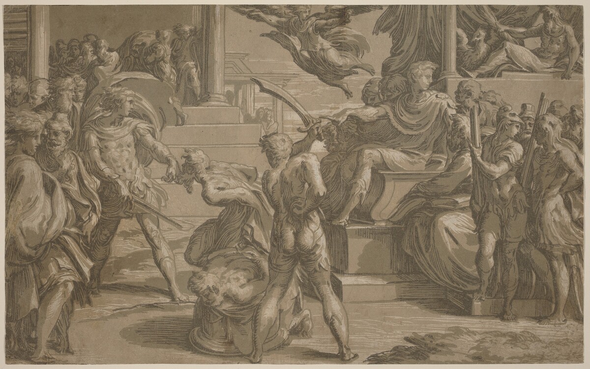 The Martyrdom of Saints Peter and Paul [recto] by Antonio da Trento after Parmigianino
