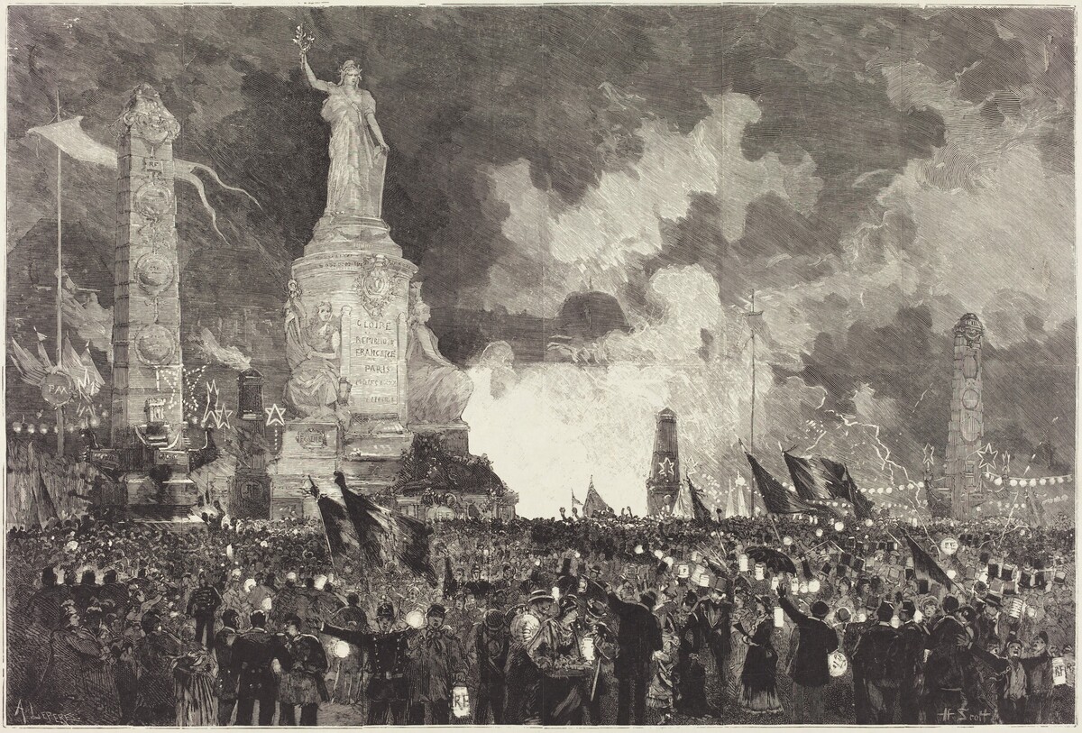 14 Juillet.  Illumination de la Place de la République by Auguste Lepère after Henri Louis Scott