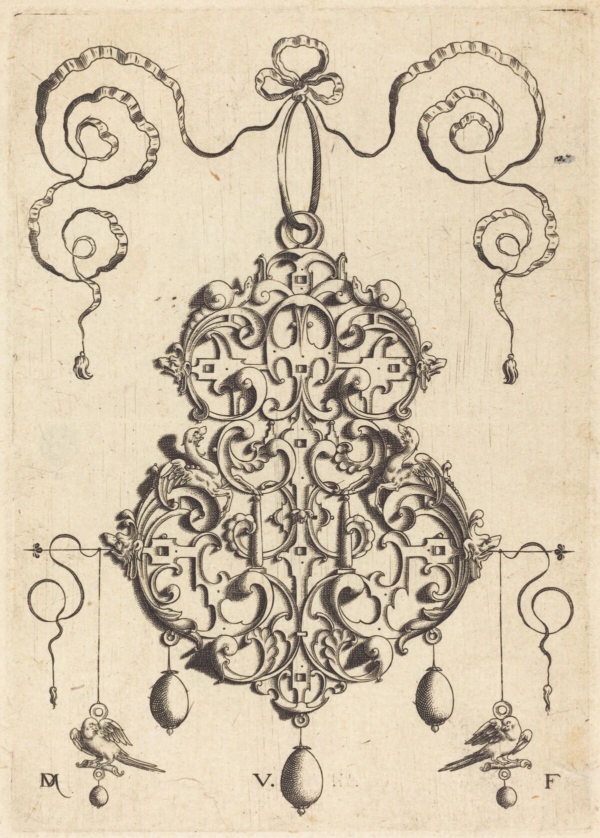 Strapwork Pendant with Two Birds as Earrings at Left and Right by Daniel Mignot