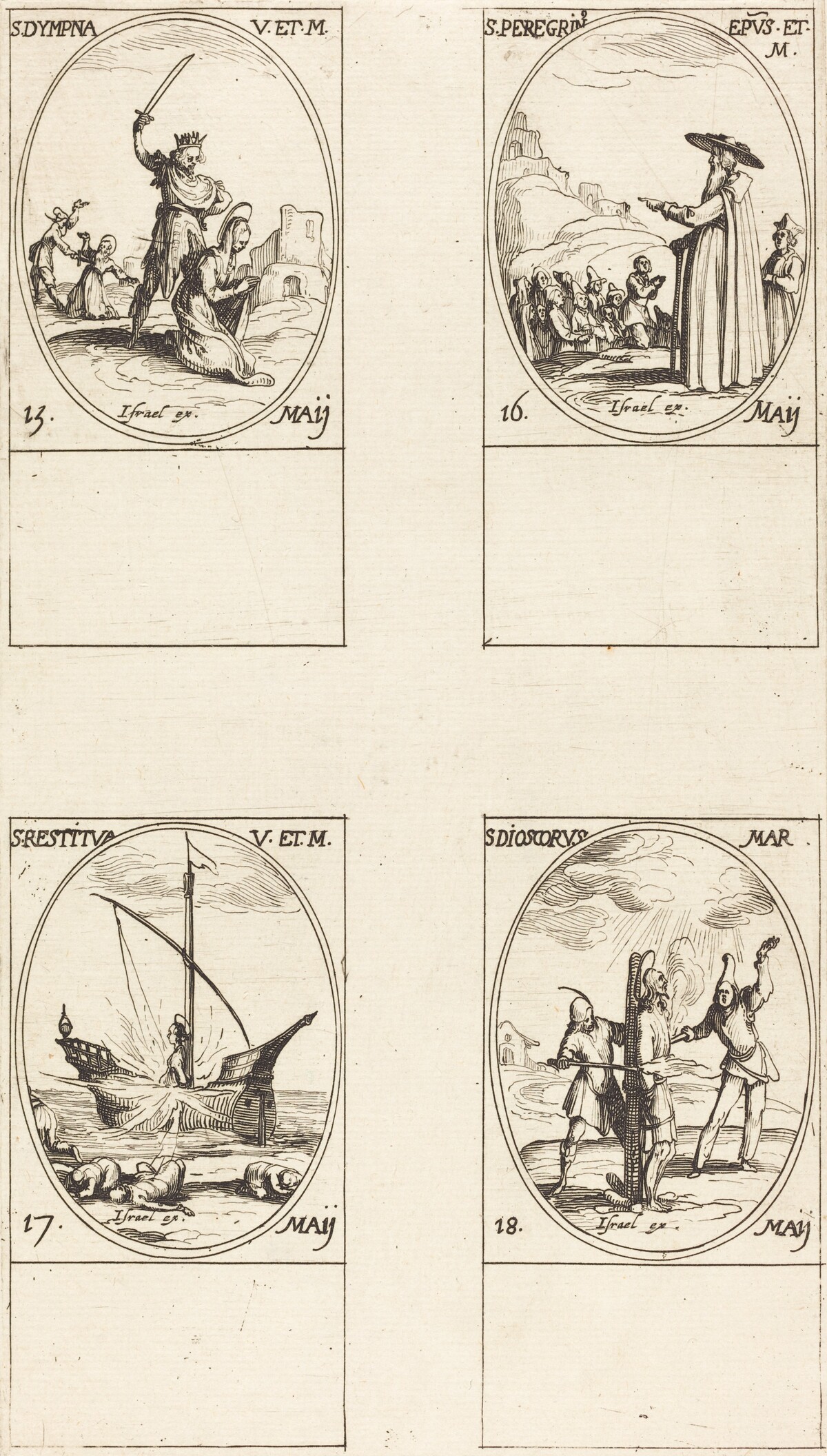 St. Dympna; St. Peregrinus; St. Restituta; St. Dioscorus by Jacques Callot