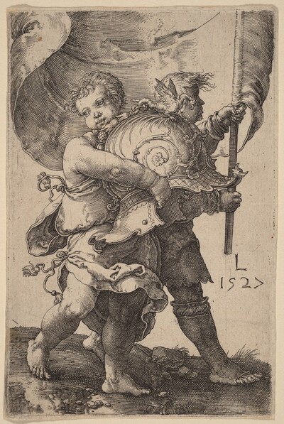 Two Boys with a Helmet and a Standard