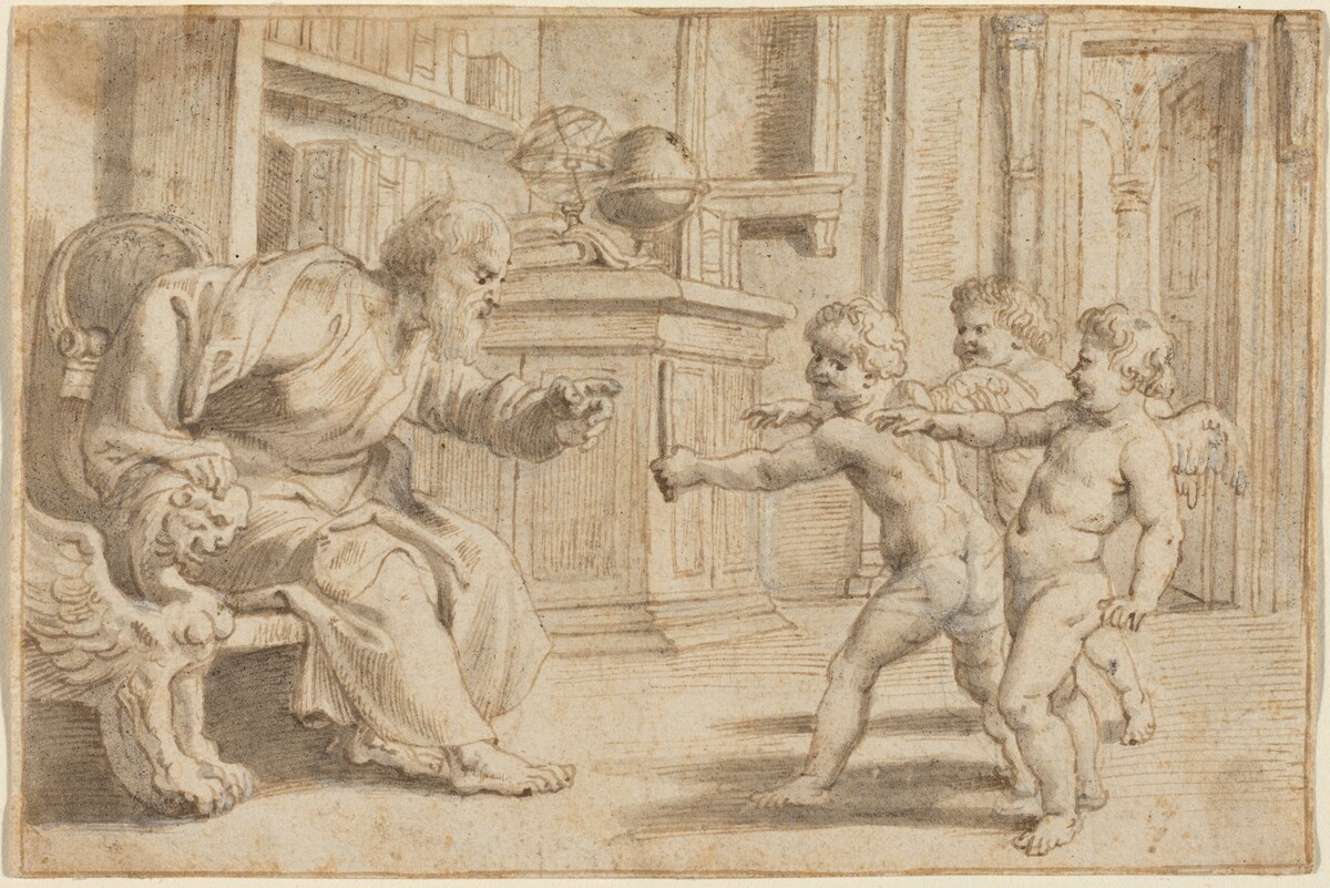 Putti Testing a Man's Perception of Depth by Sir Peter Paul Rubens