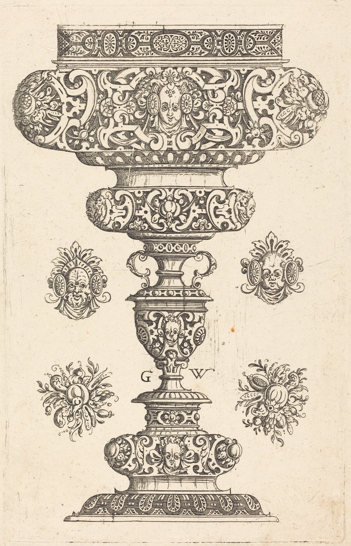 Goblet, rim decorated with masque and bouquet of fruit by Georg Wechter I