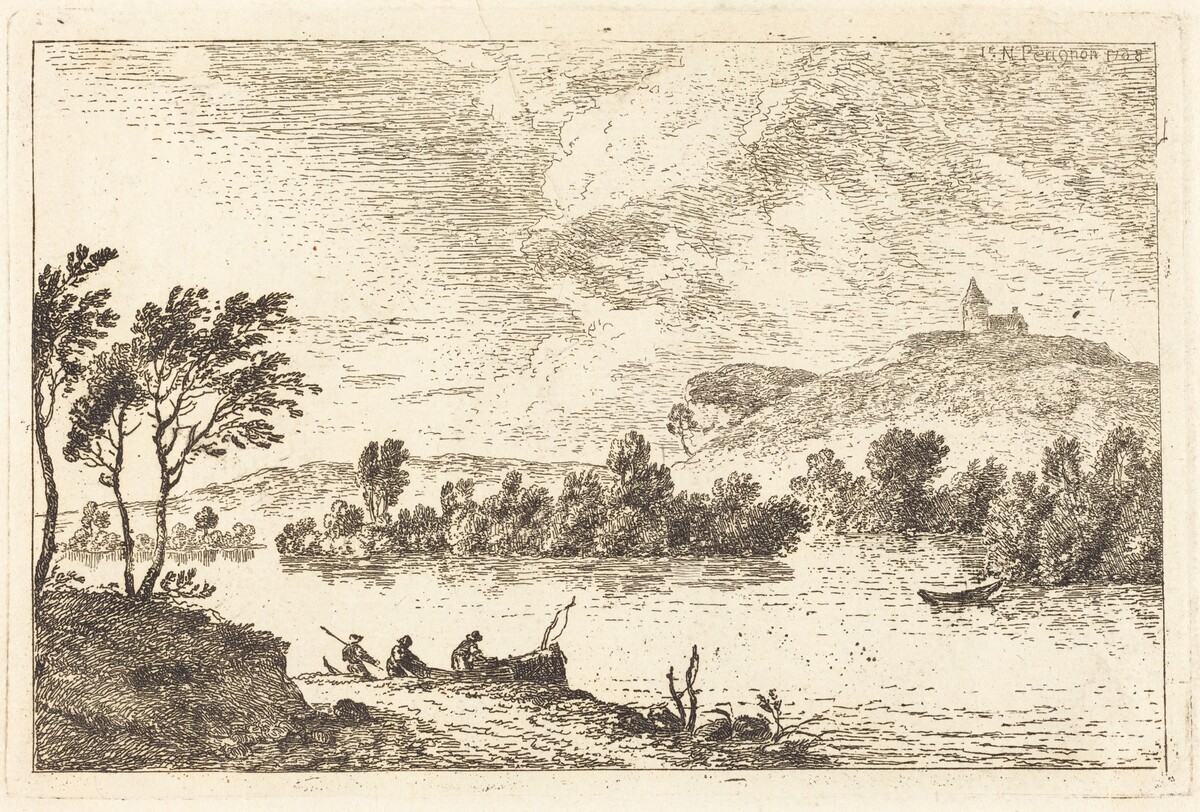 River Landscape with Figures and a Boat at Water's Edge by Nicolas Pérignon