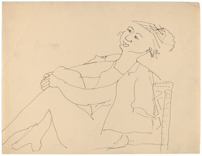 Seated Female with Hat, Shirt Draped on Shoulders, Hugging Right Knee