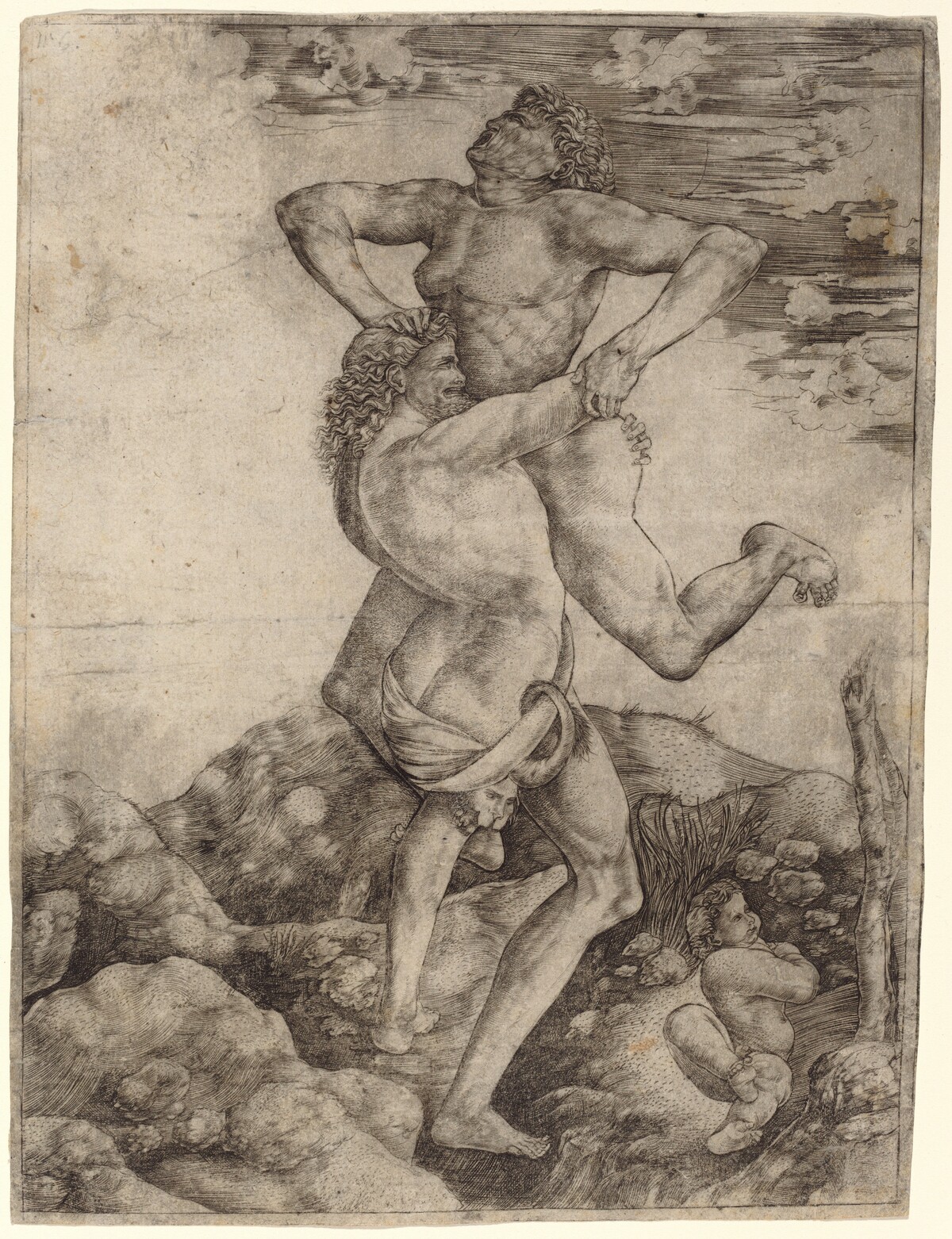 Hercules and Antaeus by Cristofano Robetta, after Antonio del Pollaiuolo