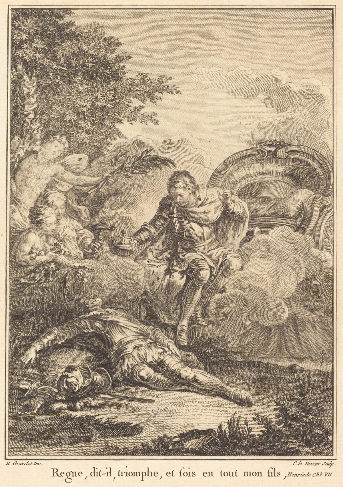 Regne, dit-il, triomphe, et sois en tout mon fils by Jean Charles Levasseur after Hubert François Gravelot