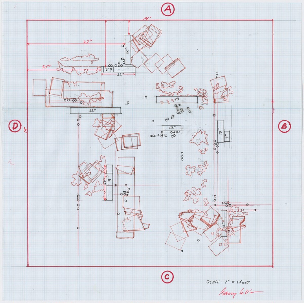 Equal Quantities: Placed or Dropped In, Out, and On in Relation to Specific Boundaries (diagram 2) by Barry Le Va