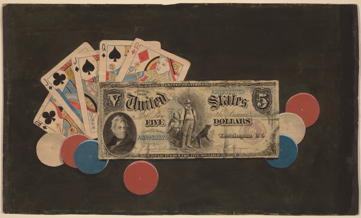 Trompe l'Oeil: A Full House with Chips and a $5 Bill by American 19th Century