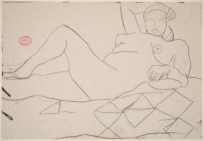 Untitled [reclining female nude on a quilt]